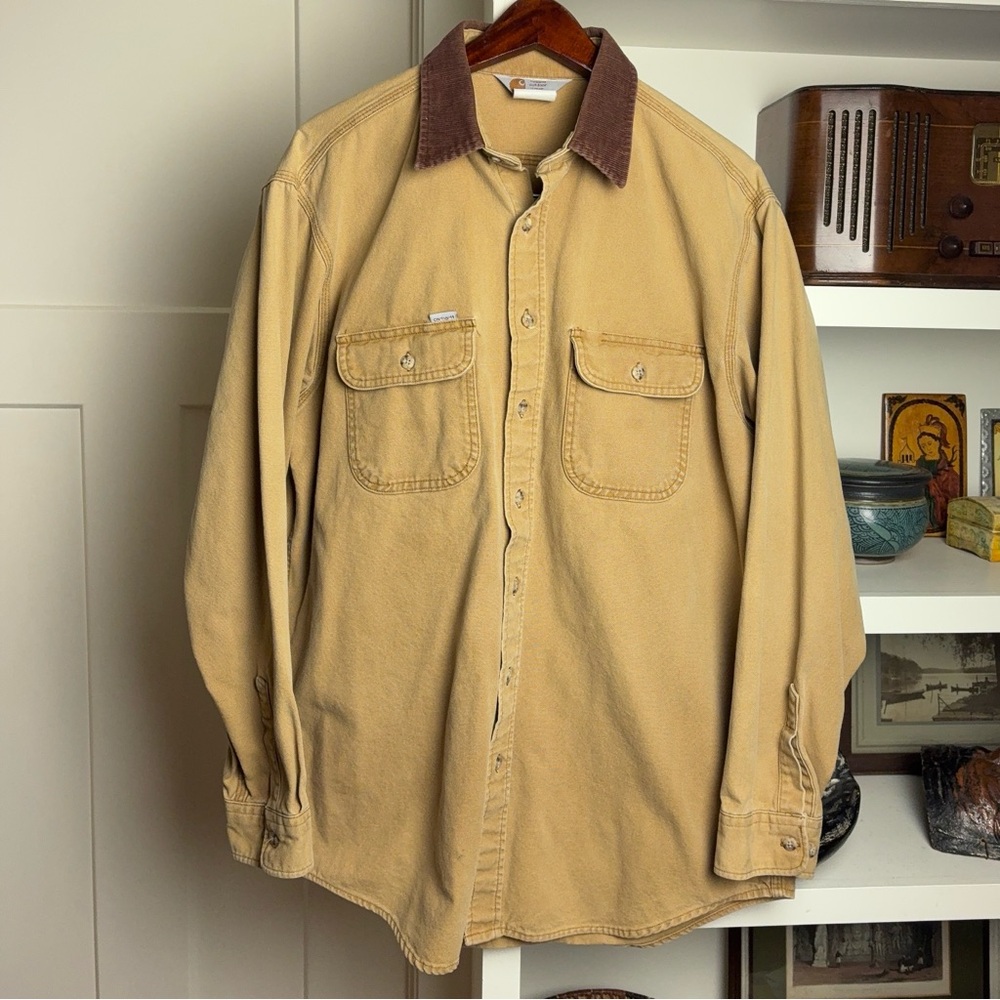 Vintage Carhartt Canvas Work Shirt Jacket Men’s Large Brown Corduroy Collar USA